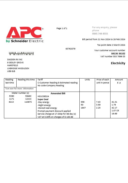 United Kingdom APC electricity business utility bill template in Word and PDF formats